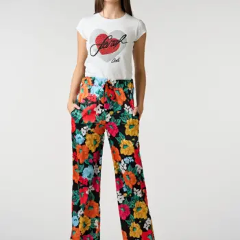 φλοράλ παντελόνι σατέν με λάστιχο στη μέση μαύρη