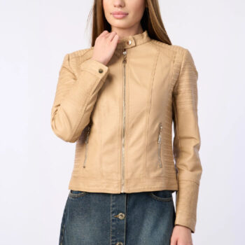 μπεζ δερματίνη μπουφάν biker εφαρμοστό