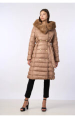 μπουφάν μακρύ γυναικείο καφέ μεσάτο με ζώνη και κουκούλα