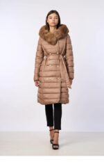 μπουφάν μακρύ γυναικείο καφέ μεσάτο με ζώνη και κουκούλα