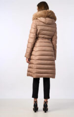 μπουφάν μακρύ γυναικείο καφέ μεσάτο με ζώνη και κουκούλα