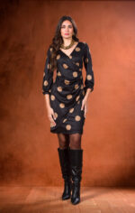 πουά φόρεμα μίντι μακρυμάνικο ελαστικό με σούρες