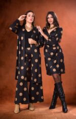 πουά φόρεμα μίντι μακρυμάνικο ελαστικό με σούρες