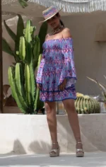 φόρεμα off shoulder μίνι μωβ με βολάν και μανίκι καμπάνα