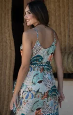 κρουαζέ φόρεμα καλοκαιρινό ασύμμετρο εμπριμέ λεπτή τιράντα