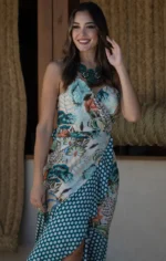 κρουαζέ φόρεμα καλοκαιρινό ασύμμετρο εμπριμέ λεπτή τιράντα