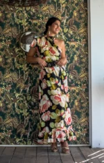 μαύρο φόρεμα με έναν ώμο καλοκαιρινό φλοράλ μάξι