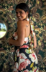 μαύρο φόρεμα με έναν ώμο καλοκαιρινό φλοράλ μάξι