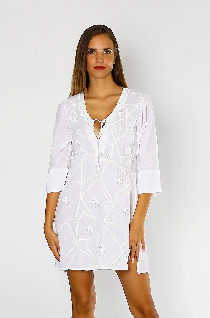 λευκή τουνίκ με κεντήματα βαμβακερή με 3/4 μανίκι