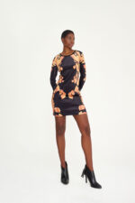 βελούδινο φόρεμα μίνι μακρυμάνικο μαύρο χρυσαφί