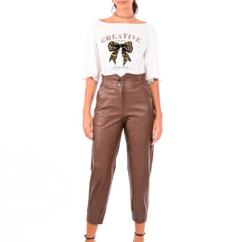 καφέ παντελόνι δερματίνη γυναικείο με λάστιχο we coss