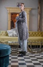 μακριά πλεκτή ζακέτα μαύρη γκρι με γεωμετρικά σχέδια