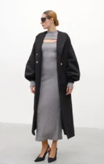 μαύρο παλτό με ζώνη μακρύ γυναικείο