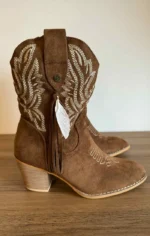 γουέστερν μπότες γυναικείες σουέτ καφέ με χαμηλό τακούνι