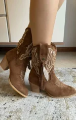 γουέστερν μπότες γυναικείες σουέτ καφέ με χαμηλό τακούνι