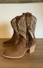 γουέστερν μπότες γυναικείες σουέτ καφέ με χαμηλό τακούνι