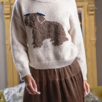 εκρού πουλόβερ γυναικείο όβερσάιζ με κεντημένο καφέ σκύλο