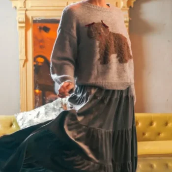 γκρι πουλόβερ όβερσάιζ με κεντημένο καφέ σκύλο