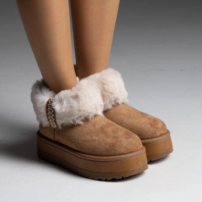 Μποτάκια με γούνα γυναικεία δίπατα κάμελ