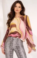 μπλούζα με αέρινα μανίκια ροζ εμπριμέ