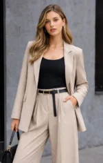 ριγέ κοστούμι γυναικείο μπεζ σακάκι παντελόνα