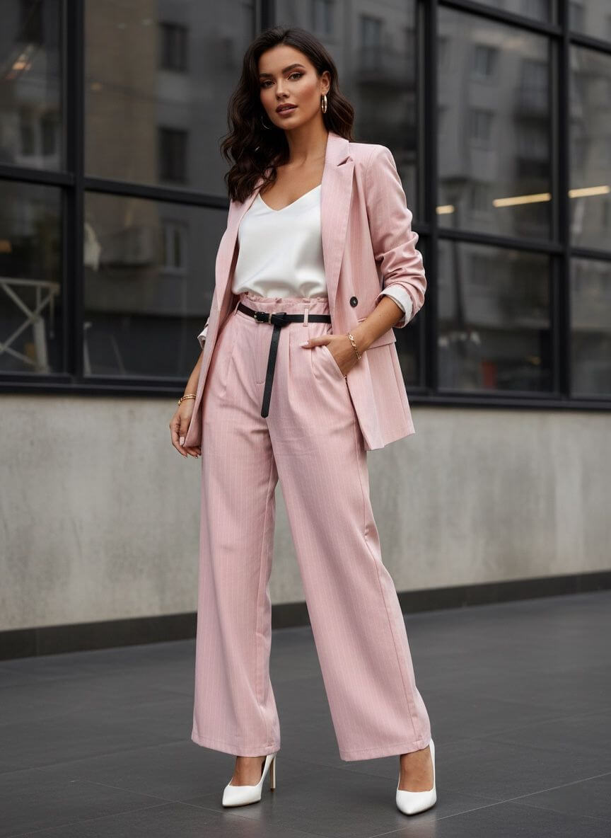 ριγέ κοστούμι γυναικείο ροζ σακάκι και παντελόνα