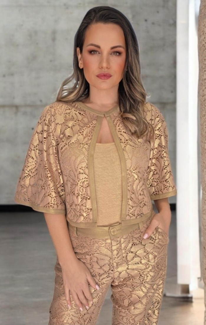 Χρυσή ζακέτα μπολερό δαντέλα με φαρδύ μανίκι