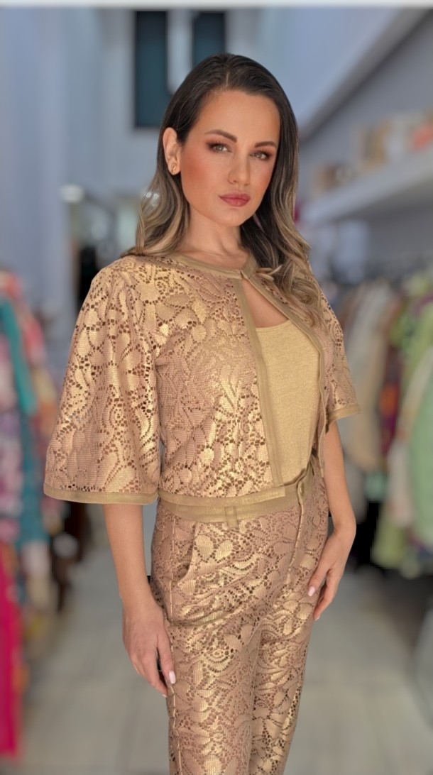 Χρυσή ζακέτα μπολερό δαντέλα με φαρδύ μανίκι