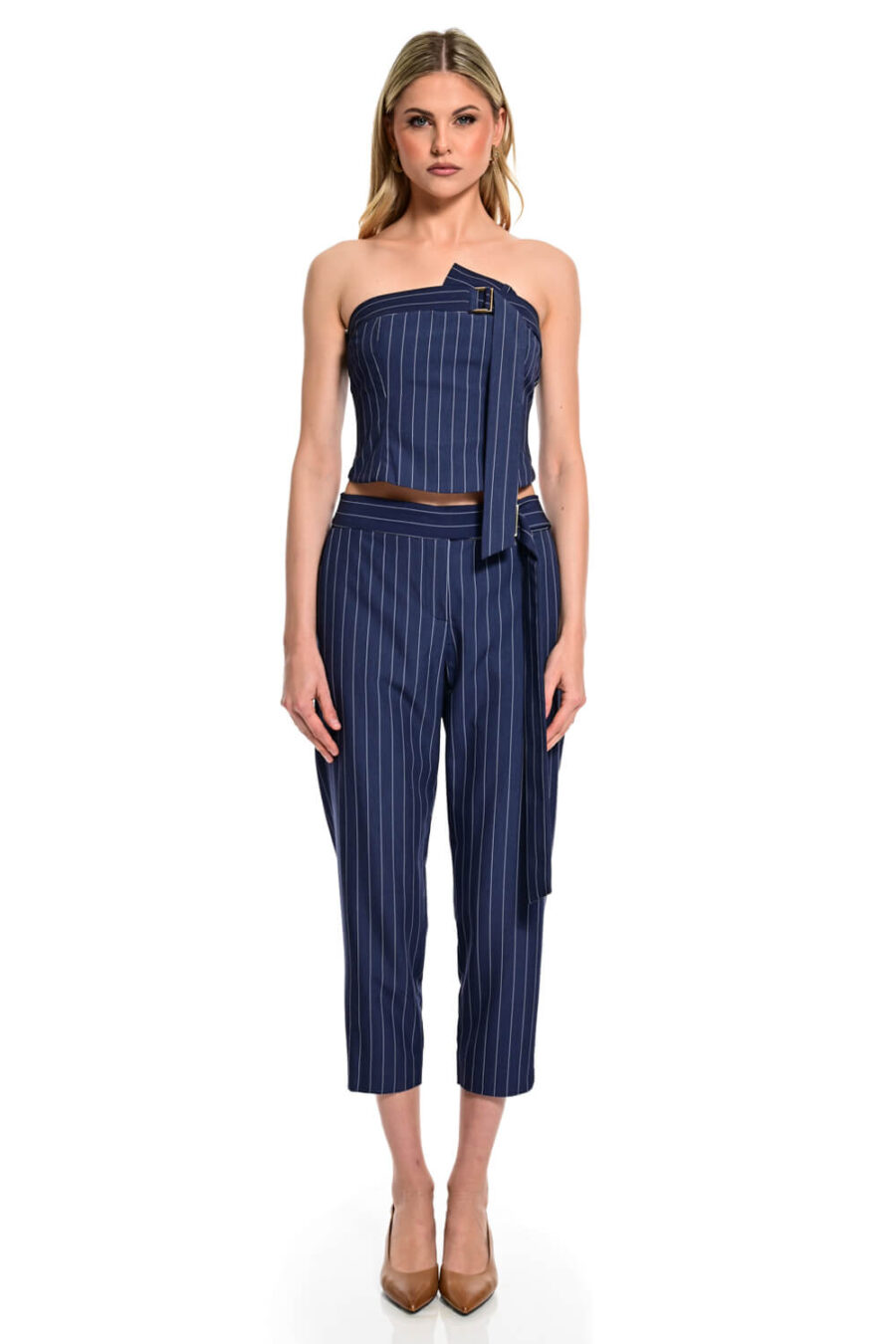 ριγέ παντελόνι γυναικείο μπλε σκούρο σίγκαρετ we coss