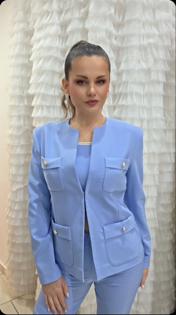 Σιέλ σακάκι γυναικείο με τσέπες και ζώνη we coss