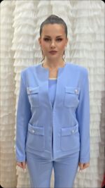 Σιέλ σακάκι γυναικείο με τσέπες και ζώνη we coss