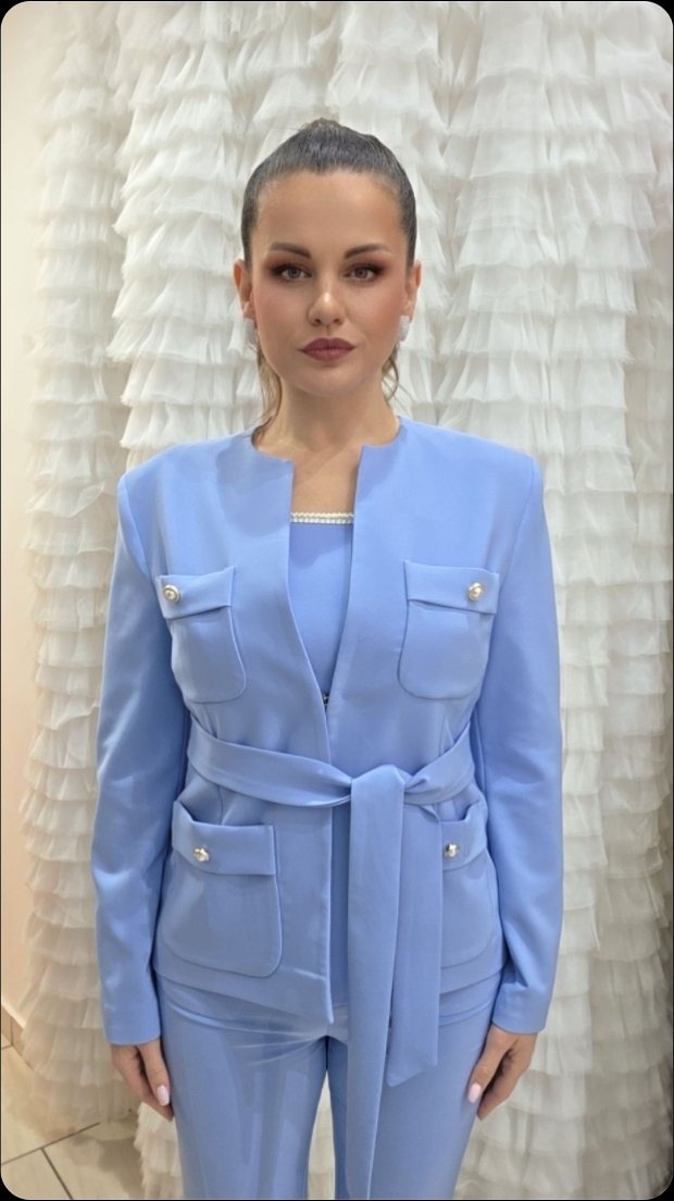 Σιέλ σακάκι γυναικείο με τσέπες και ζώνη we coss