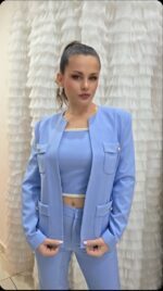 Σιέλ σακάκι γυναικείο με τσέπες και ζώνη we coss