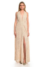 χρυσό φόρεμα για γάμο βάπτιση μάξι με έξω πλάτη we coss