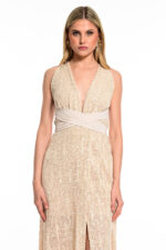 χρυσό φόρεμα για γάμο βάπτιση μάξι με έξω πλάτη we coss