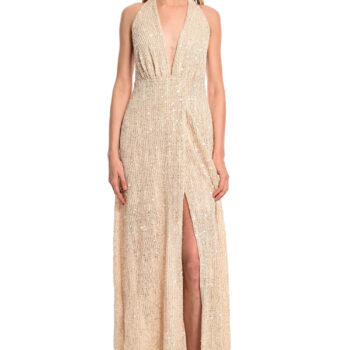 χρυσό φόρεμα για γάμο βάπτιση μάξι με έξω πλάτη we coss