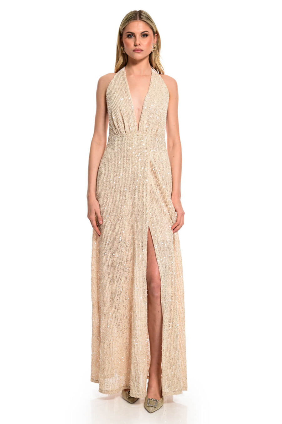 χρυσό φόρεμα για γάμο βάπτιση μάξι με έξω πλάτη we coss