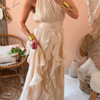 Φόρεμα Με Βολάν Για Γάμο Βάπτιση Μάξι Αέρινο Ιβουάρ