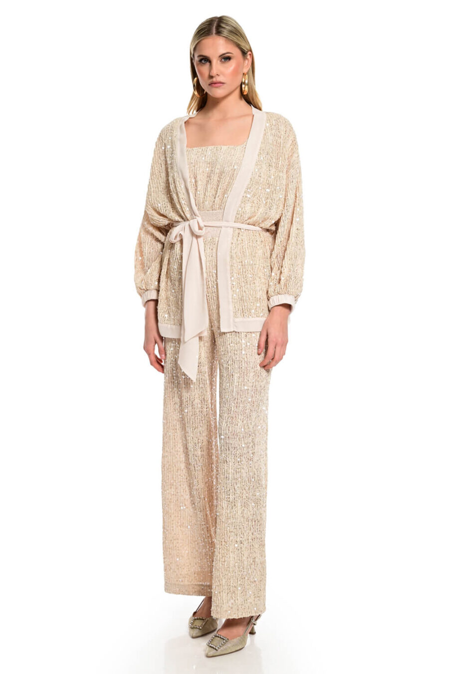 κιμονό για γάμο βάπτιση χρυσό με παγιέτες και ζώνη στη μέση