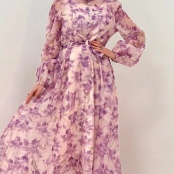 Ρομαντικό φόρεμα μάξι αέρινο μακρυμάνικο μωβ