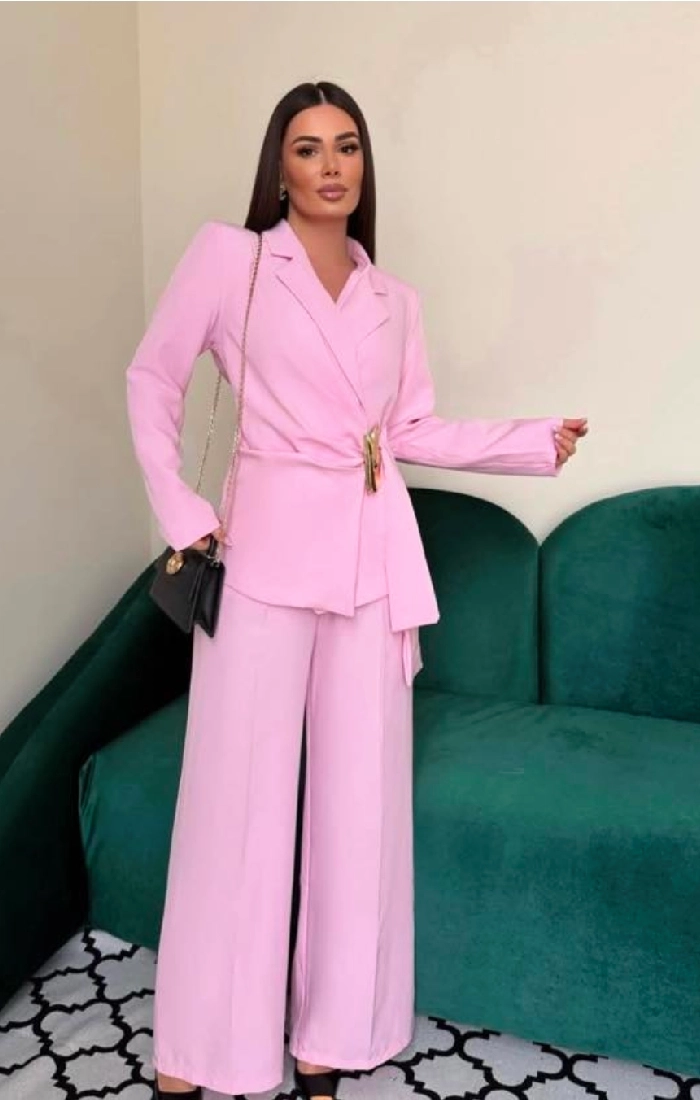 Ροζ κοστούμι γυναικείο με παντελόνα με λάστιχο στη μέση