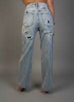 τζιν ψηλόμεσο γυναικείο σε ίσια γραμμή μπλε με στρας και σκισίματα