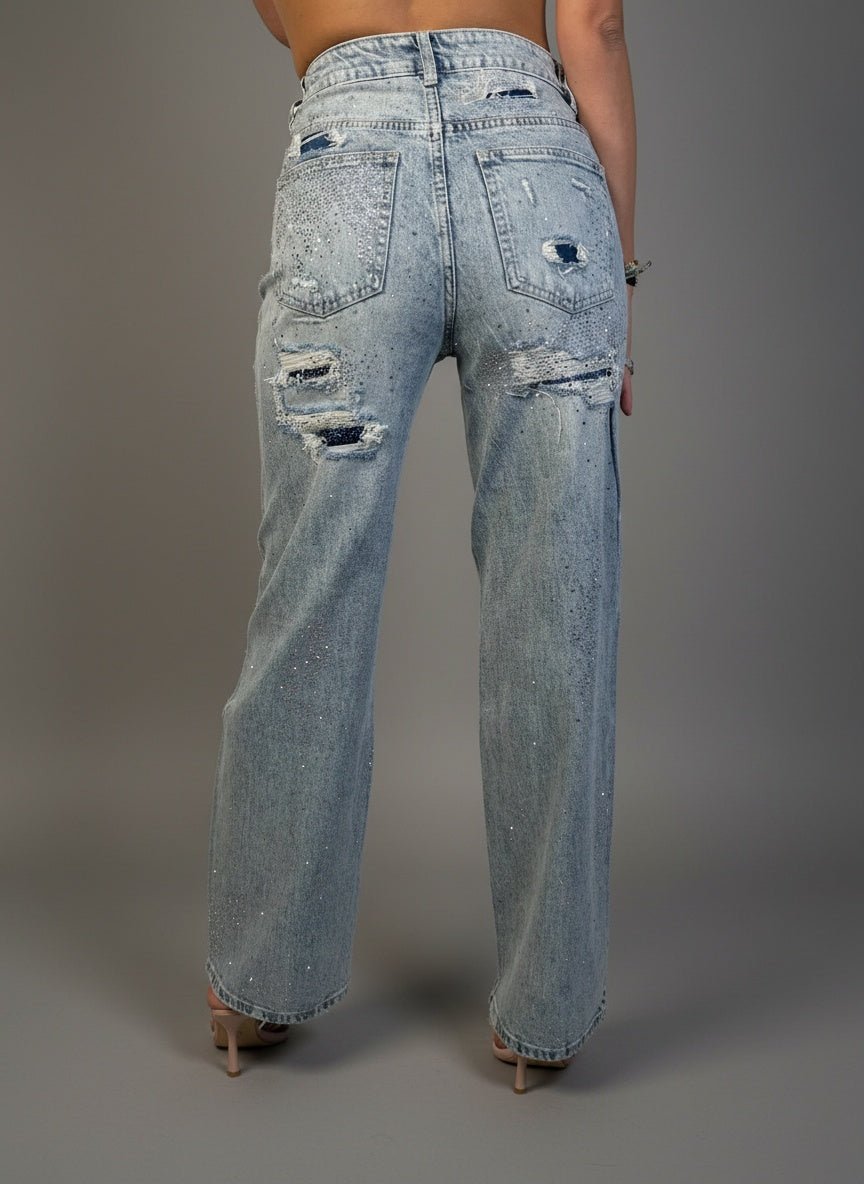 τζιν ψηλόμεσο γυναικείο σε ίσια γραμμή μπλε με στρας και σκισίματα