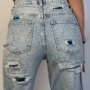 τζιν ψηλόμεσο γυναικείο σε ίσια γραμμή μπλε με στρας και σκισίματα