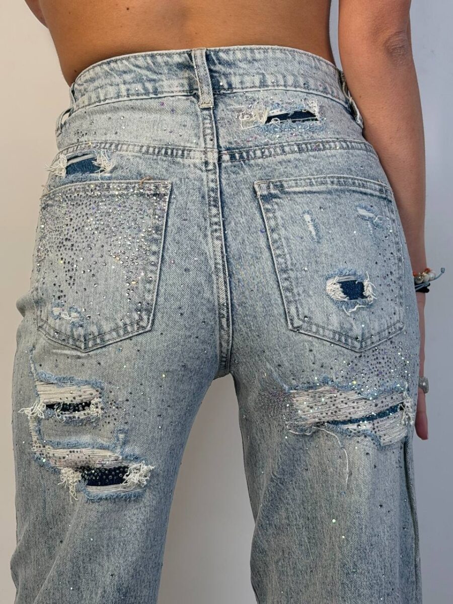 τζιν ψηλόμεσο γυναικείο σε ίσια γραμμή μπλε με στρας και σκισίματα