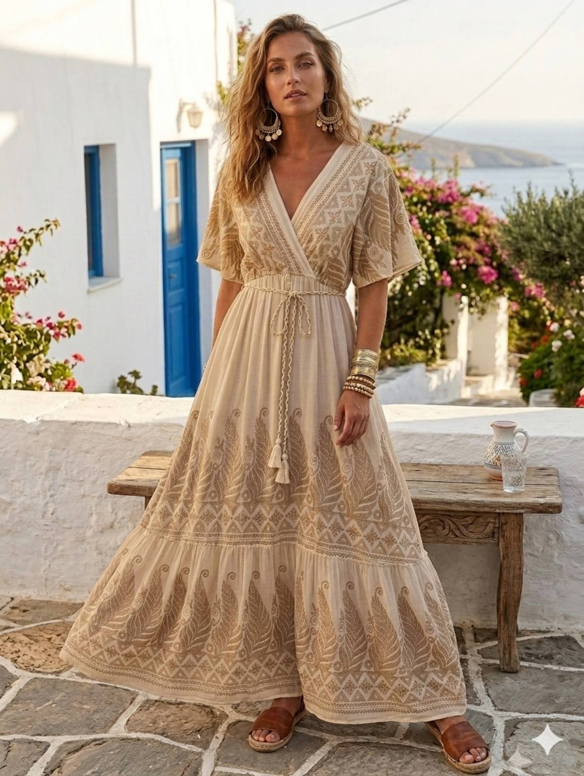 bez-forema-me-chrysa-kentimata-maxi-krouaze-kontomaniko μπεζ φόρεμα με χρυσά κεντήματα μάξι κρουαζέ κοντομάνικο
