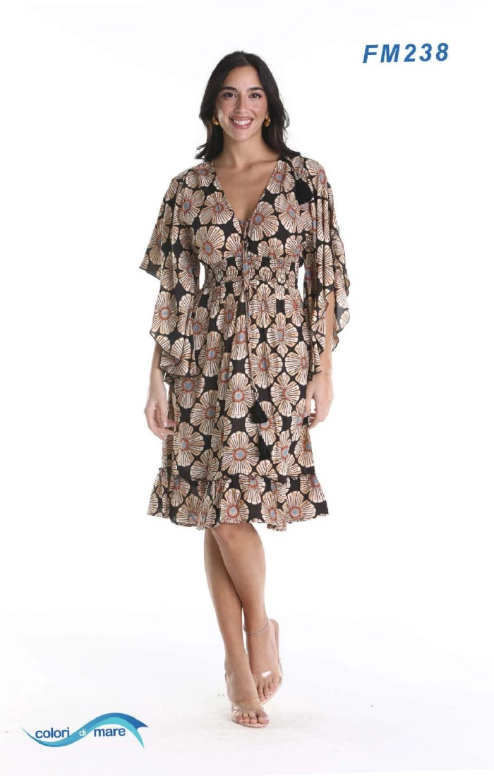 μαύρο φλοράλ φόρεμα μέχρι το γόνατο με μανίκι καμπάνα