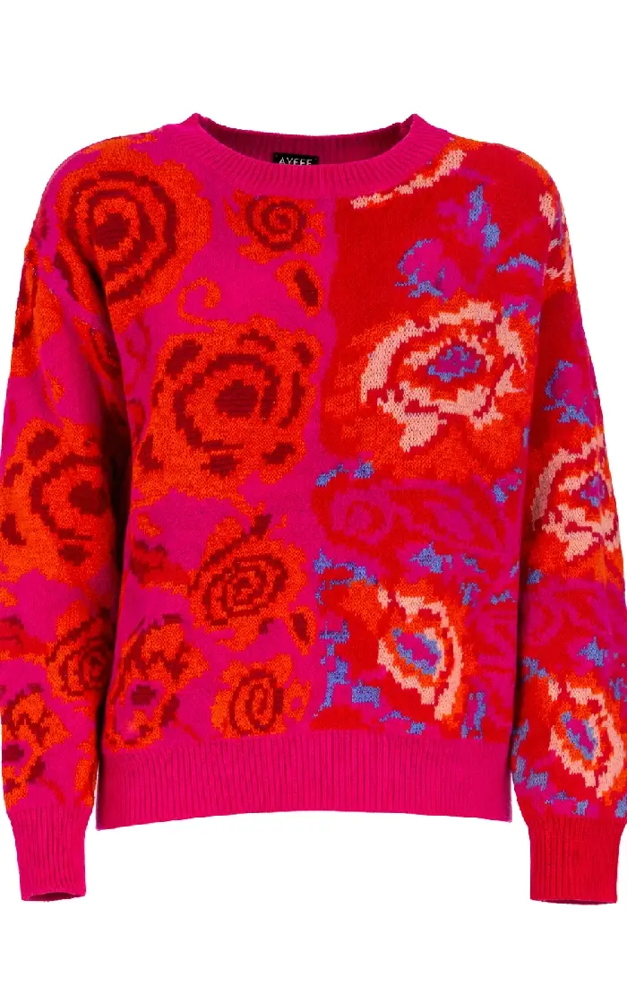 gynaikeio-plekto-poulover-floral-fouxia-kokkino-me-apali-yfi γυναικείο πλεκτό πουλόβερ φλοράλ φούξια κόκκινο με απαλη υφή